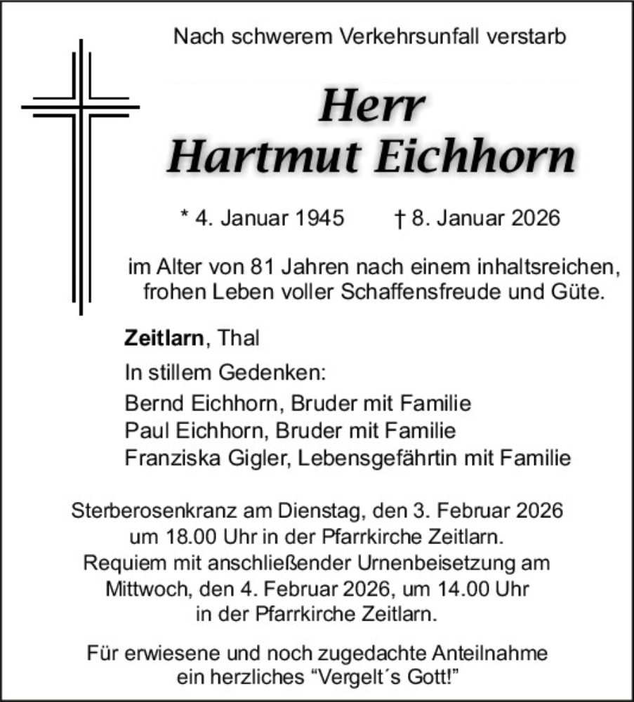  Traueranzeige für Hartmut Eichhorn vom 31.01.2026 aus Mittelbayerische Zeitung Regensburg