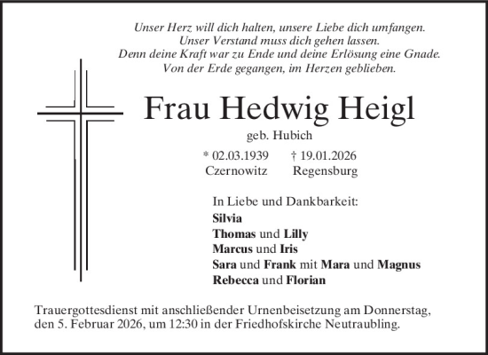 Traueranzeige von Hedwig Heigl von Mittelbayerische Zeitung Regensburg