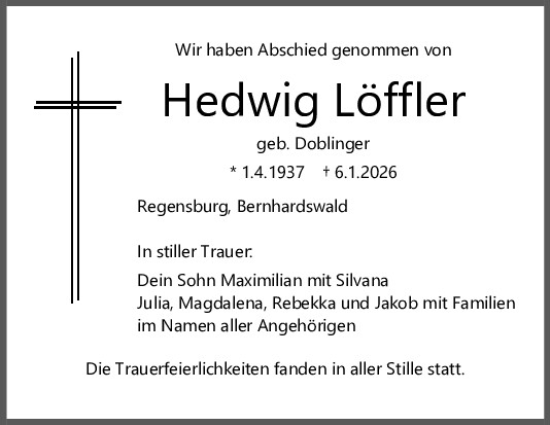 Traueranzeige von Hedwig Löffler von Mittelbayerische Zeitung Regensburg