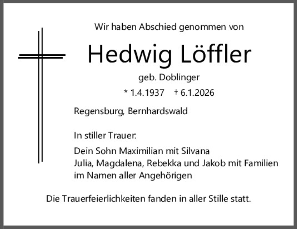  Traueranzeige für Hedwig Löffler vom 17.01.2026 aus Mittelbayerische Zeitung Regensburg