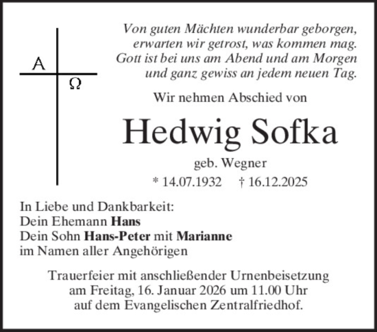 Traueranzeige von Hedwig Sofka von Mittelbayerische Zeitung Regensburg