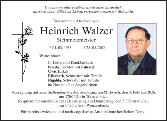 Traueranzeige von Heinrich Walzer von Mittelbayerische Zeitung Regensburg