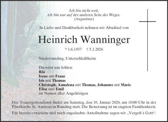 Traueranzeige von Heinrich Wanninger von Bayerwald Echo