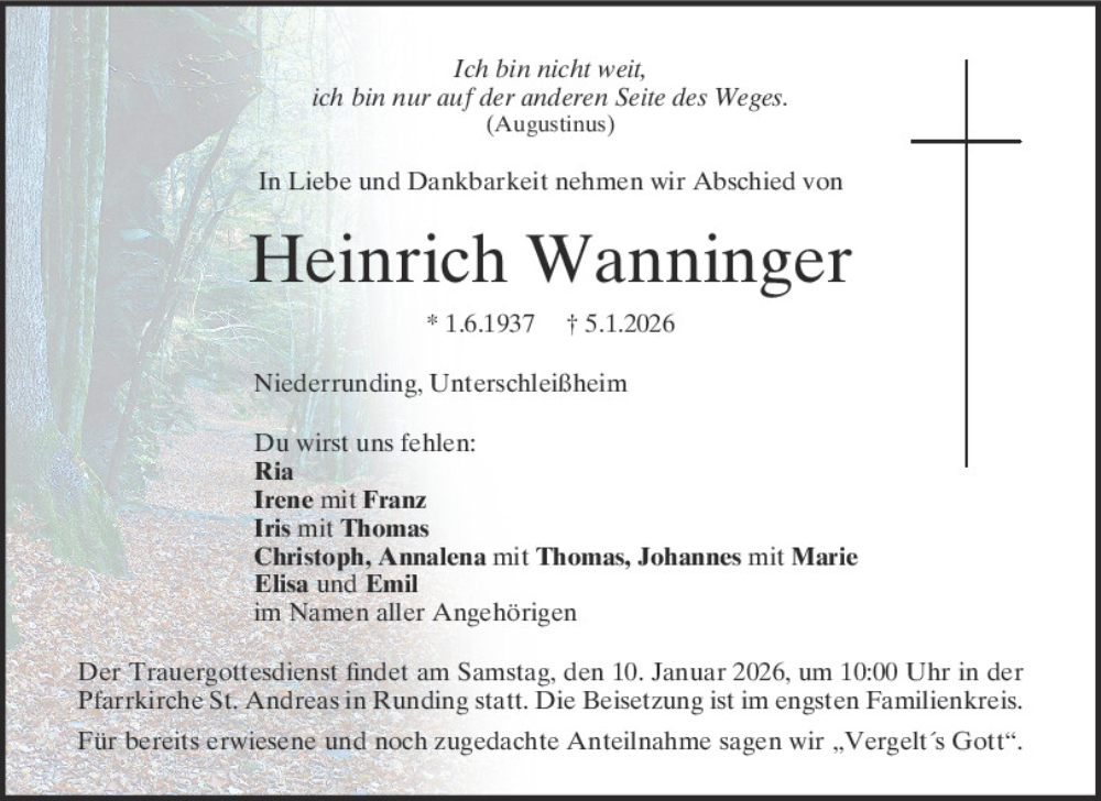  Traueranzeige für Heinrich Wanninger vom 09.01.2026 aus Bayerwald Echo