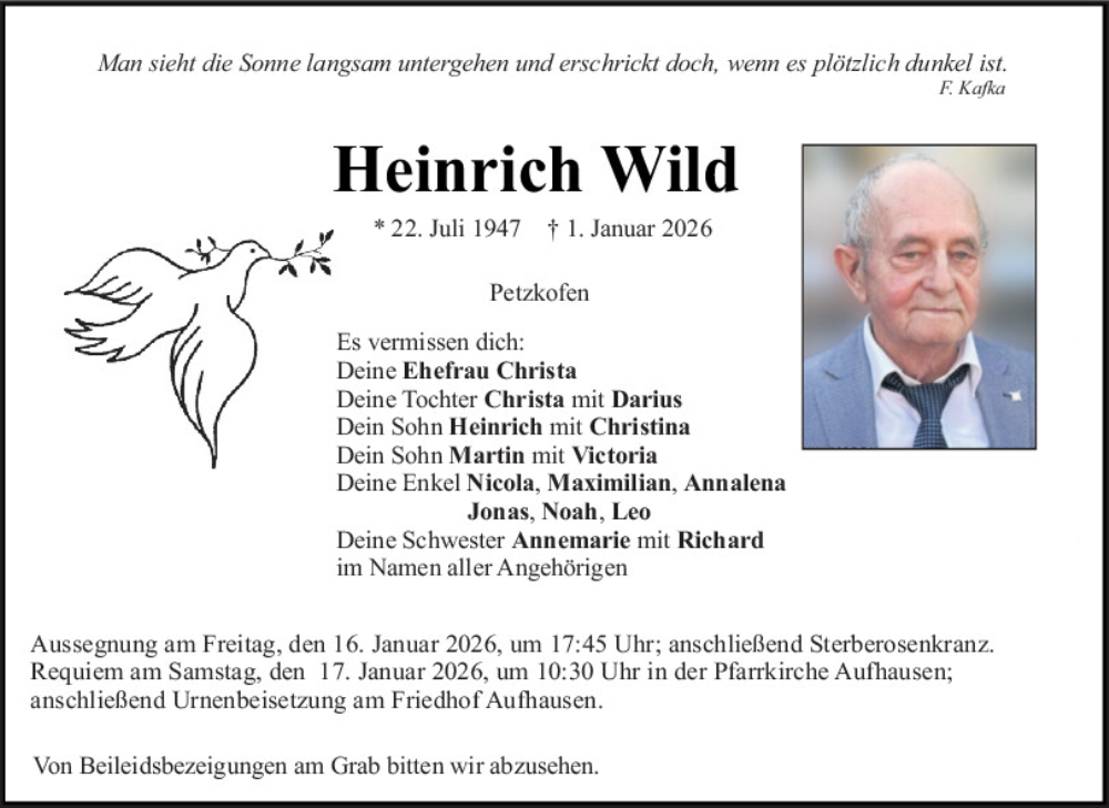  Traueranzeige für Heinrich Wild vom 10.01.2026 aus Mittelbayerische Zeitung Regensburg