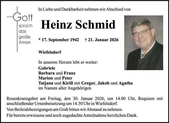 Traueranzeige von Heinz Schmid von Mittelbayerische Zeitung Schwandorf