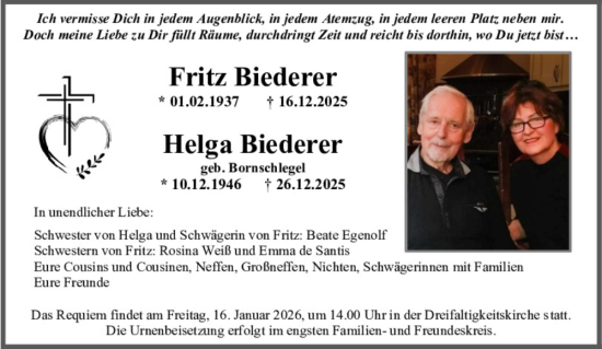 Traueranzeige von Helga Biederer von Mittelbayerische Zeitung Regensburg