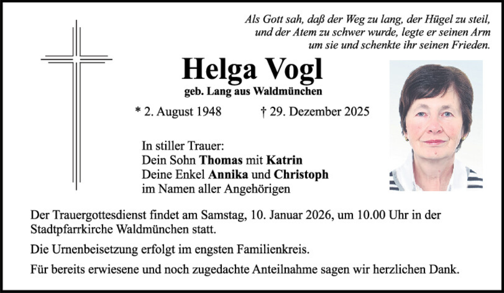  Traueranzeige für Helga Vogl vom 06.01.2026 aus Bayerwald Echo