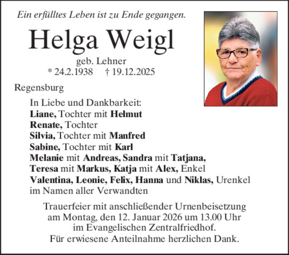  Traueranzeige für Helga Weigl vom 10.01.2026 aus Mittelbayerische Zeitung Regensburg