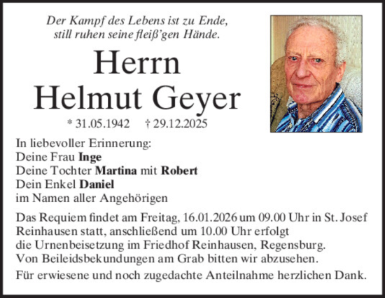 Traueranzeige von Helmut Geyer von Mittelbayerische Zeitung Regensburg