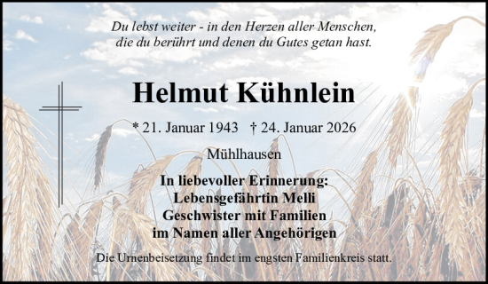 Traueranzeige von Helmut Kühnlein von Neumarkter Tagblatt