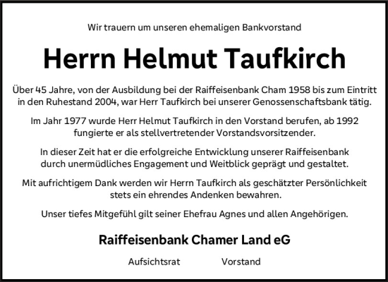 Traueranzeige von Helmut Taufkirch von Bayerwald Echo