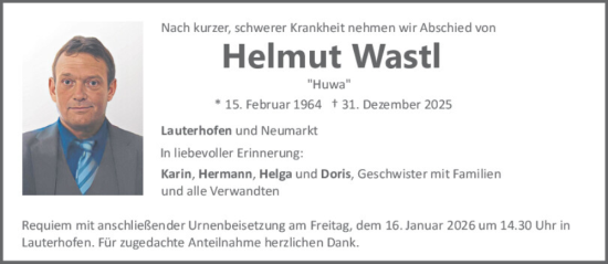 Traueranzeige von Helmut Wastl von Neumarkter Tagblatt