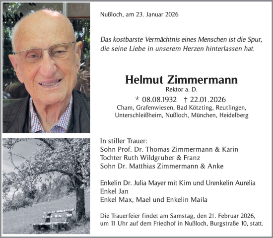 Traueranzeige von Helmut Zimmermann von Bayerwald Echo