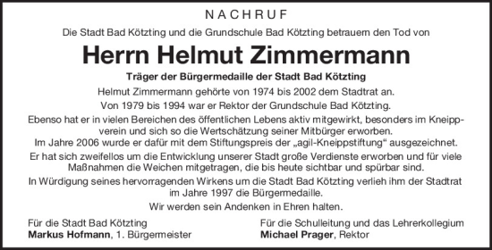 Traueranzeige von Helmut Zimmermann von Bayerwald Echo
