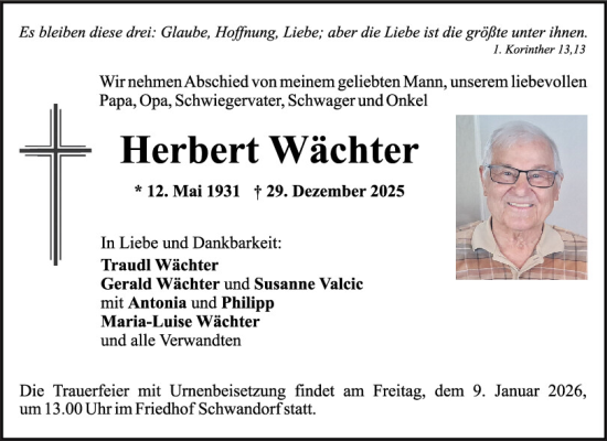 Traueranzeige von Herbert Wächter von Mittelbayerische Zeitung Schwandorf