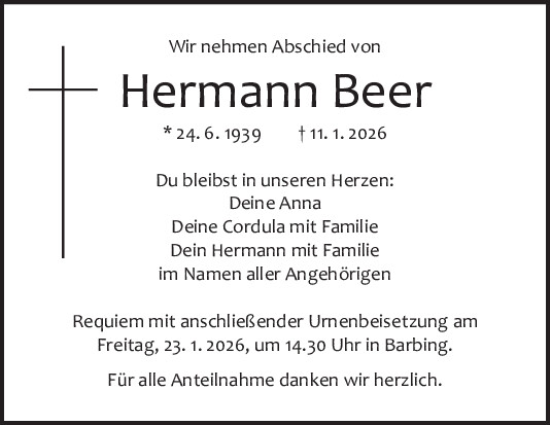 Traueranzeige von Hermann Beer von Mittelbayerische Zeitung Regensburg