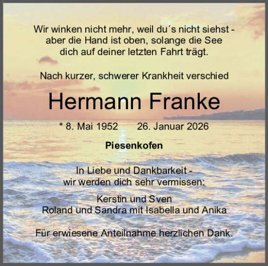 Traueranzeige von Hermann Franke von Mittelbayerische Zeitung Regensburg