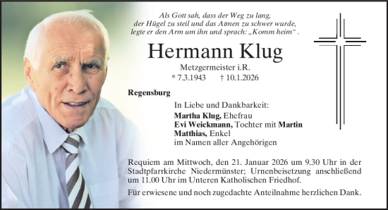 Traueranzeige von Hermann Klug von Mittelbayerische Zeitung Regensburg