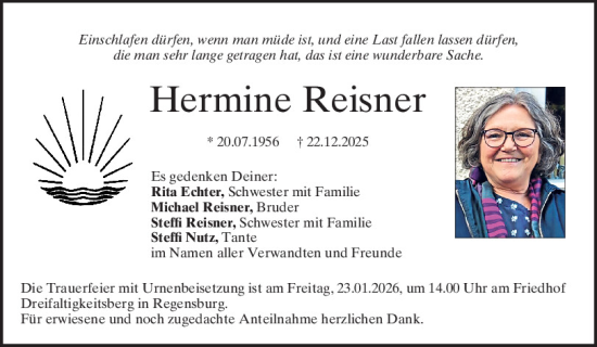 Traueranzeige von Hermine Reisner von Mittelbayerische Zeitung Regensburg
