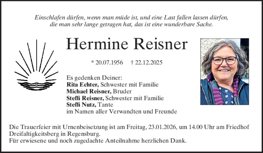  Traueranzeige für Hermine Reisner vom 17.01.2026 aus Mittelbayerische Zeitung Regensburg