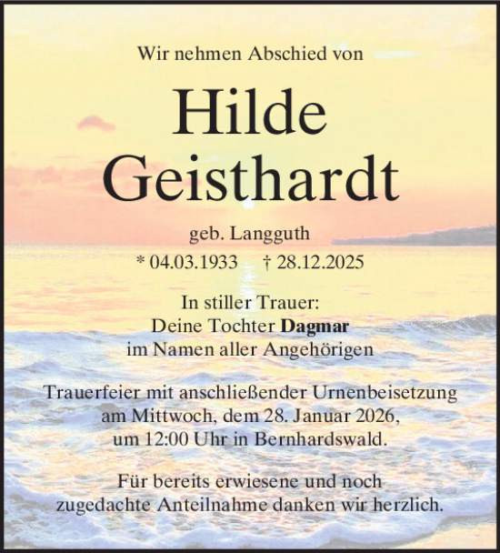 Traueranzeige von Hilde Geisthardt von Mittelbayerische Zeitung Regensburg