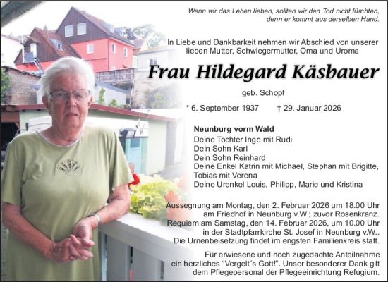 Traueranzeige von Hildegard Käsbauer von Mittelbayerische Zeitung Schwandorf