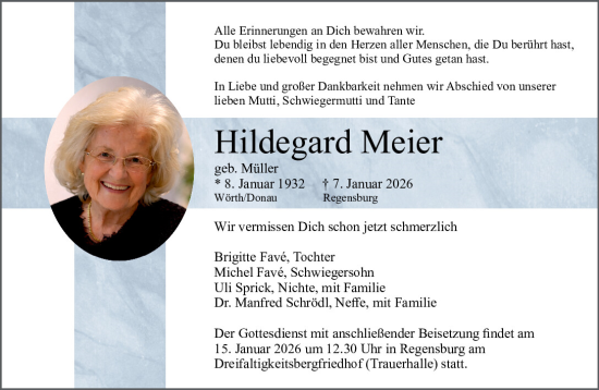 Traueranzeige von Hildegard Meier von Mittelbayerische Zeitung Regensburg