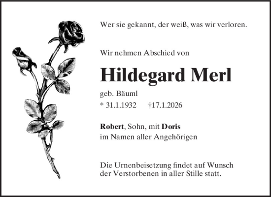 Traueranzeige von Hildegard Merl von Mittelbayerische Zeitung Schwandorf