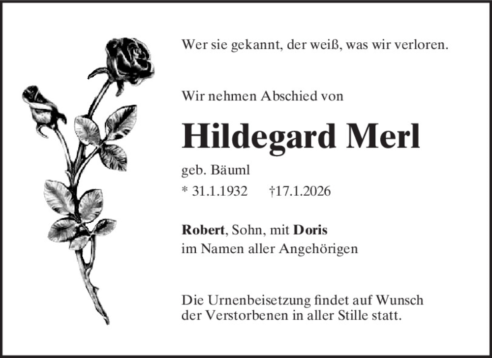  Traueranzeige für Hildegard Merl vom 20.01.2026 aus Mittelbayerische Zeitung Schwandorf