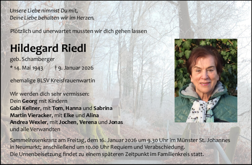  Traueranzeige für Hildegard Riedl vom 13.01.2026 aus Neumarkter Tagblatt