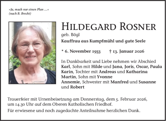 Traueranzeige von Hildegard Rosner von Mittelbayerische Zeitung Regensburg