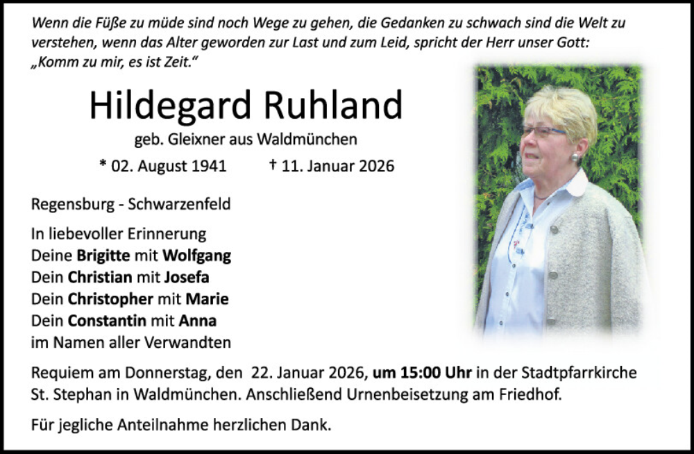  Traueranzeige für Hildegard Ruhland vom 17.01.2026 aus Bayerwald Echo