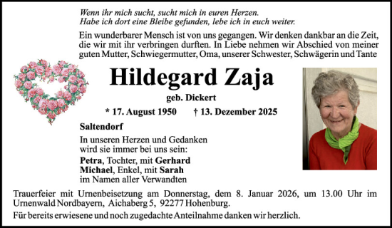 Traueranzeige von Hildegard Zaja von Mittelbayerische Zeitung Schwandorf