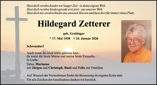 Traueranzeige von Hildegard Zetterer von Mittelbayerische Zeitung Schwandorf