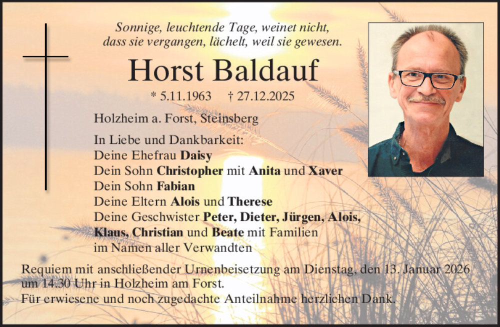  Traueranzeige für Horst Baldauf vom 10.01.2026 aus Mittelbayerische Zeitung Schwandorf, Mittelbayerische Zeitung Regensburg
