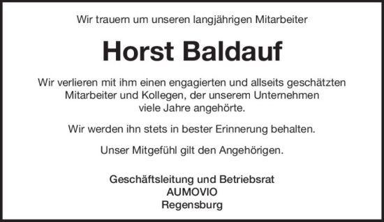Traueranzeige von Horst Baldauf von Mittelbayerische Zeitung Regensburg