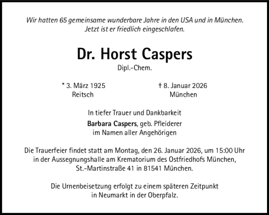 Traueranzeige von Horst Caspers von Neumarkter Tagblatt