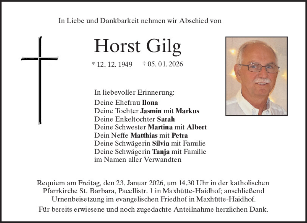  Traueranzeige für Horst Gilg vom 17.01.2026 aus Mittelbayerische Zeitung Schwandorf