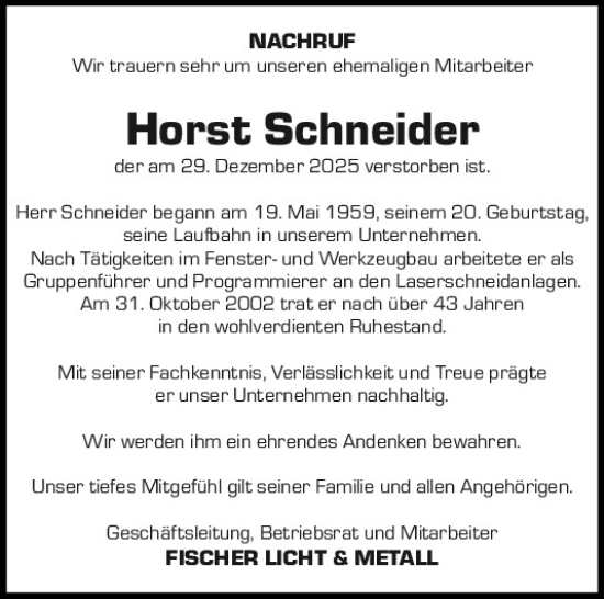 Traueranzeige von Horst Schneider von Neumarkter Tagblatt