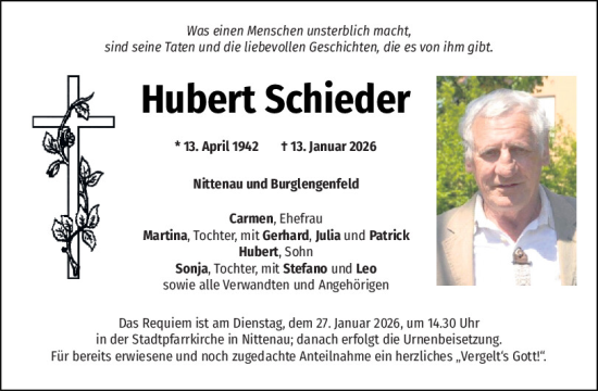 Traueranzeige von Hubert Schieder von Mittelbayerische Zeitung Regensburg, Mittelbayerische Zeitung Schwandorf