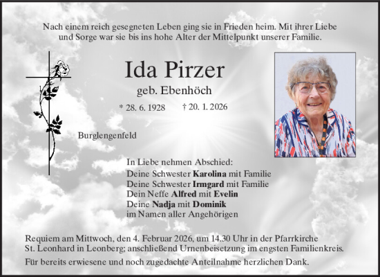Traueranzeige von Ida Pirzer von Mittelbayerische Zeitung Schwandorf