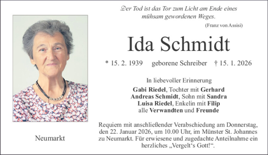 Traueranzeige von Ida Schmidt von Neumarkter Tagblatt