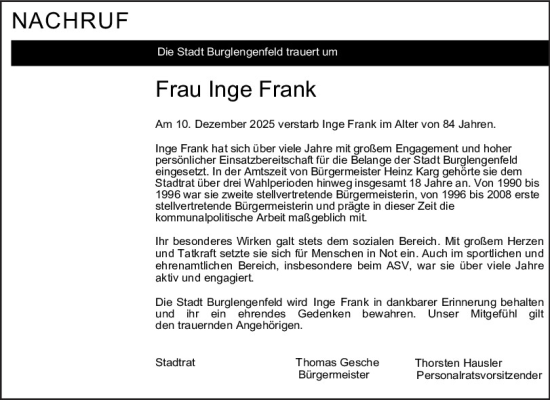 Traueranzeige von Inge Frank von Mittelbayerische Zeitung Schwandorf