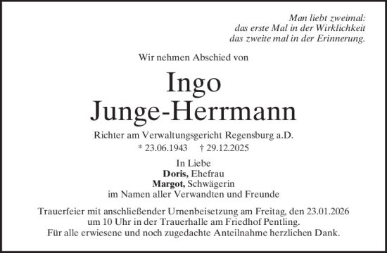 Traueranzeige von Ingo Junge-Herrmann von Mittelbayerische Zeitung Regensburg