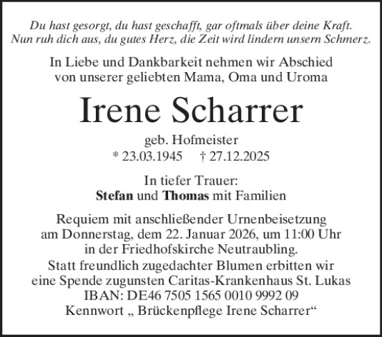 Traueranzeige von Irene Scharrer von Mittelbayerische Zeitung Regensburg