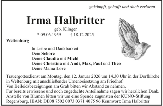 Traueranzeige von Irma Halbritter von Mittelbayerische Zeitung Kelheim