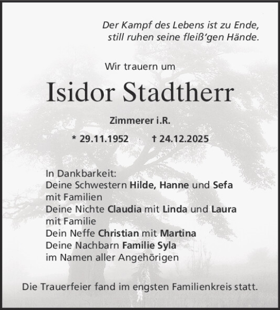 Traueranzeige von Isidor Stadtherr von Mittelbayerische Zeitung Kelheim