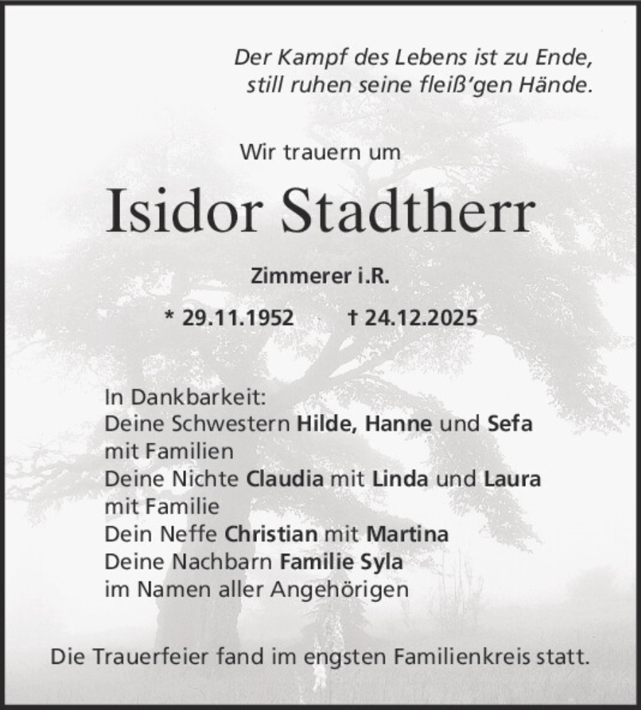  Traueranzeige für Isidor Stadtherr vom 24.01.2026 aus Mittelbayerische Zeitung Kelheim