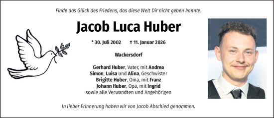 Traueranzeige von Jacob Luca Huber von Mittelbayerische Zeitung Schwandorf